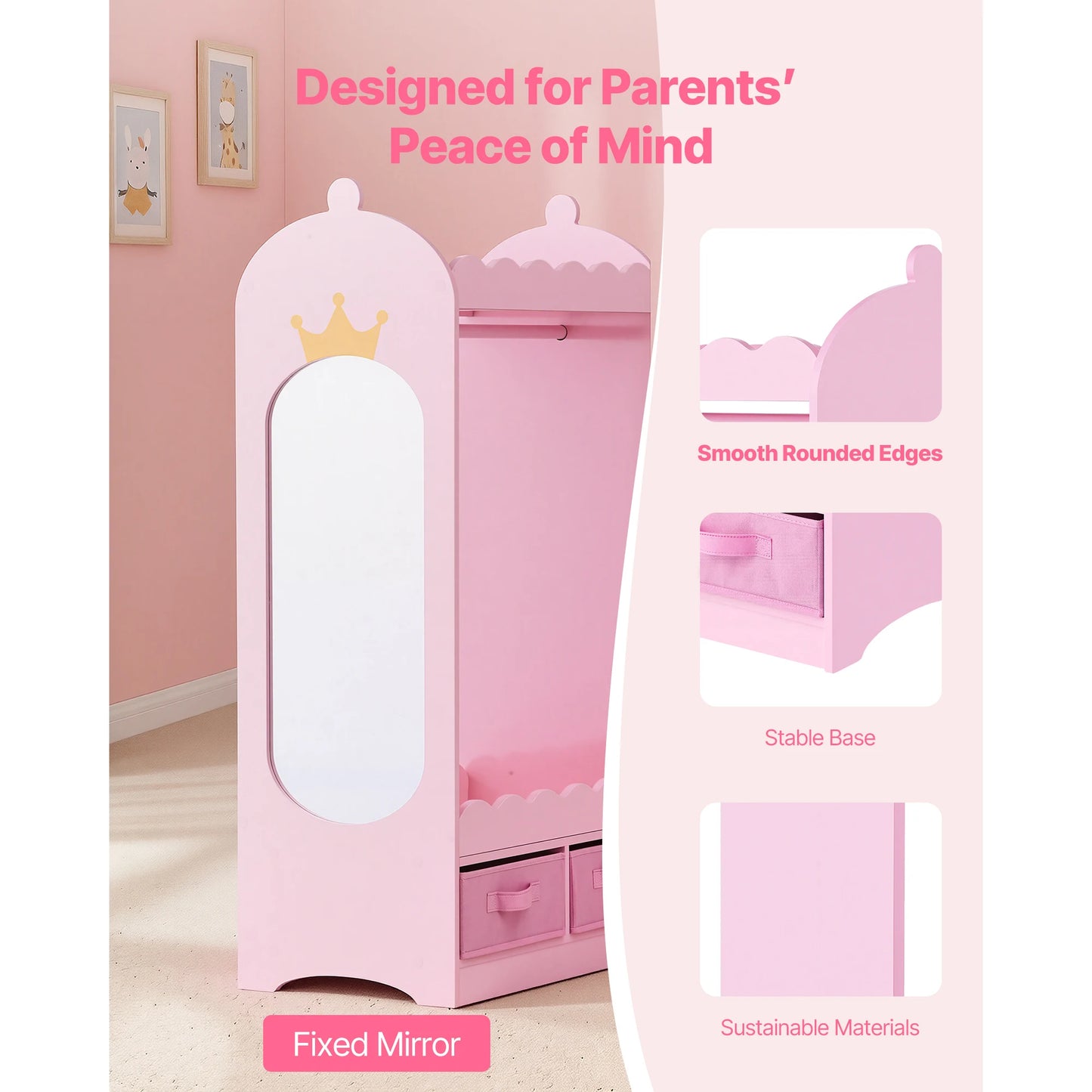 SucceBuy Kids Dress Up Storage with Mirror & Drawer Toddler Costume Wardrobe Closet Pretend Storage Dresser for Girls Room Pink