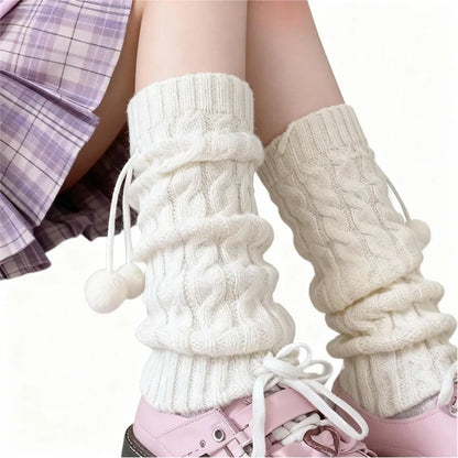 2PCS Kawaii Leg Warmers with Pom Poms, Cable Knit Boot Socks for Layering with Skirts Sneakers, Cute Fashion Accessory 22cm
