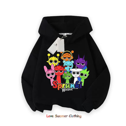 Sprunki Thick Hoodie for Children Anime Cartoon Fashion Sweatshirt Boys Girls Autumn Winter Hip Hop Hooded Hoodies Kids Clothes