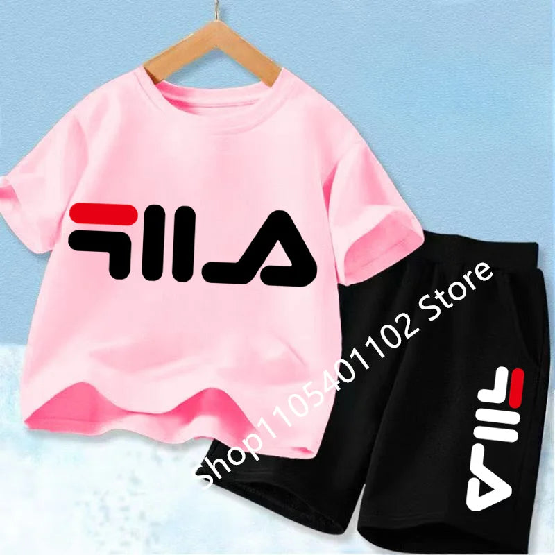 Summer Short Sleeve T Shirt +shorts 2 Piece Set Children Clothes Luxury Print Sport Casual Fashion Boy Girl Kid Tracksuit