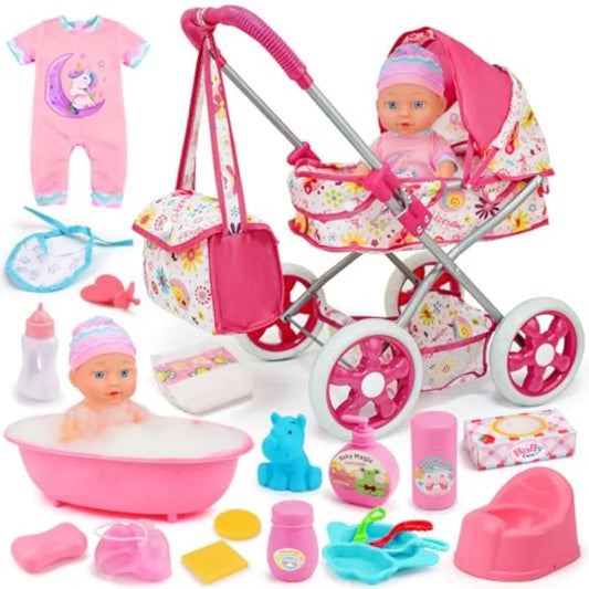 Baby Doll Stroller Set Toys for Girls Toddlers 3-5 4-6 5-7, Baby Doll Playset with 11" Doll, Bathtub and 20PCS Baby Doll Access