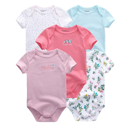 Kiddiezoom Summer 5 Piece Fashion Cartoon Boys and Girls Bodysuits 100% Cotton Soft Newborn Bodysuit Set