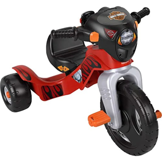 Harley Davidson toddler tricycle for outdoor play, steel frame in black and orange, adjustable seat height for growing kids