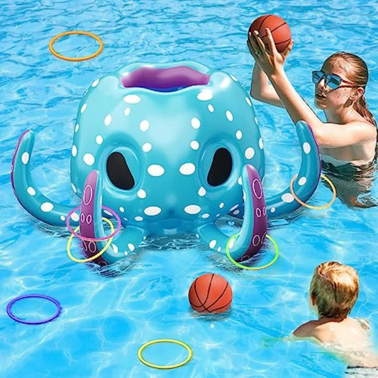 Octopus Pool Toys, 2-in-1 Inflatable Float Pool Game, Basketball Hoop and Ring Toss Game, Outdoor Summer Beach Water Play, Cool