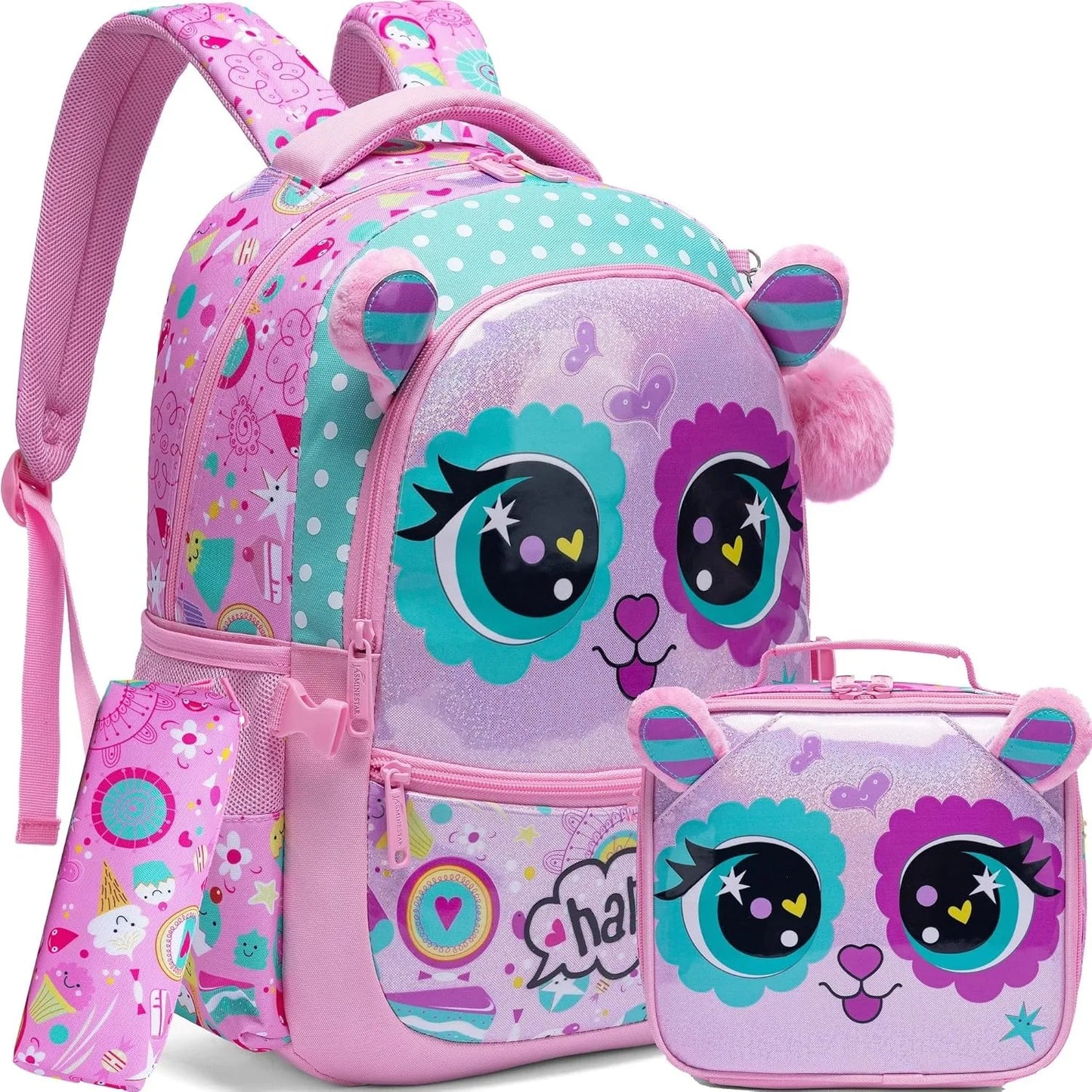 3PCS School Backpack for Kids Cute Animal Print Backpack with Lunch Bag Large Capacity Lightweight Bookbag for Students Perfect Gift