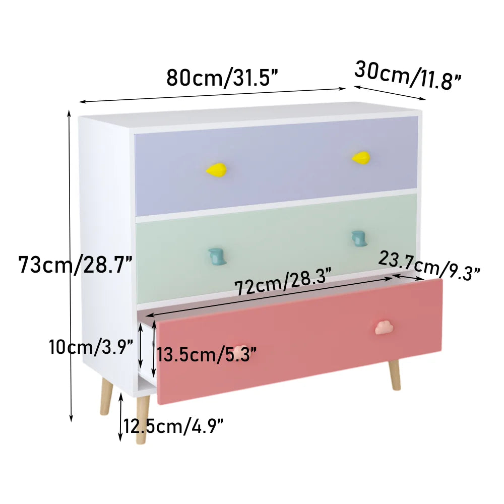 Children's 3-Drawer Storage Cabinet, Colorful Bedroom & Nursery Organizer with Large Storage Capacity