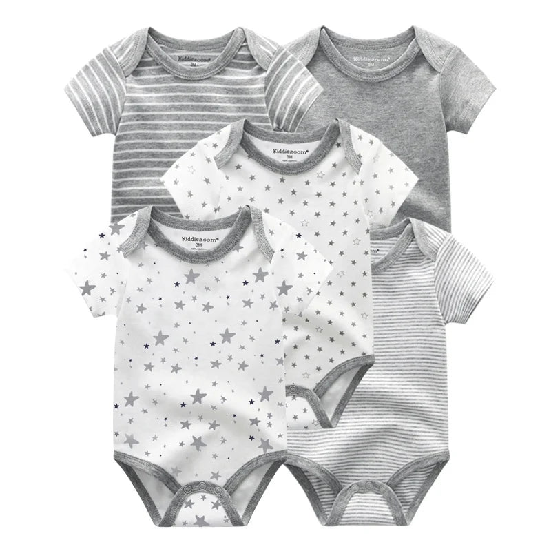 Kiddiezoom Summer 5 Piece Fashion Cartoon Boys and Girls Bodysuits 100% Cotton Soft Newborn Bodysuit Set