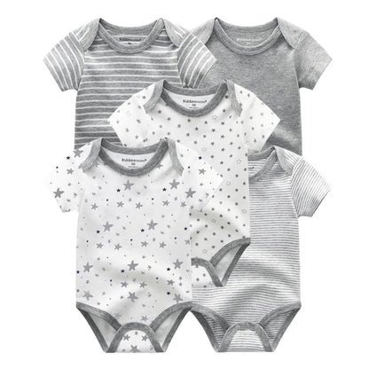 Kiddiezoom Summer 5 Piece Fashion Cartoon Boys and Girls Bodysuits 100% Cotton Soft Newborn Bodysuit Set