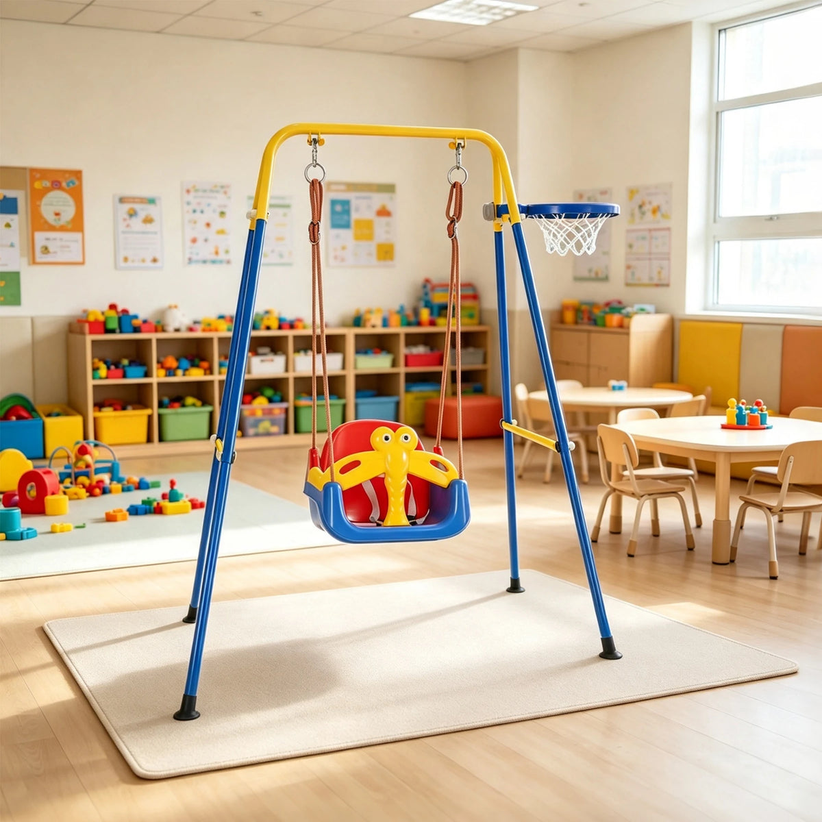 4 In 1 Toddler Swing Set With Basketball Hoop, Foldable Baby Swing With Safety Belt For Indoor Outdoor Backyard Kids Play Fun
