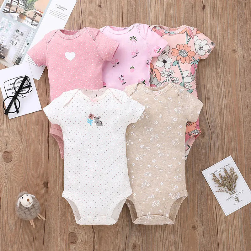 5-Piece Unisex Baby Bodysuit Set, Short Sleeve Cartoon Jumpsuits for Newborn Infants