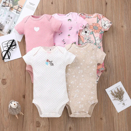 5-Piece Unisex Baby Bodysuit Set, Short Sleeve Cartoon Jumpsuits for Newborn Infants
