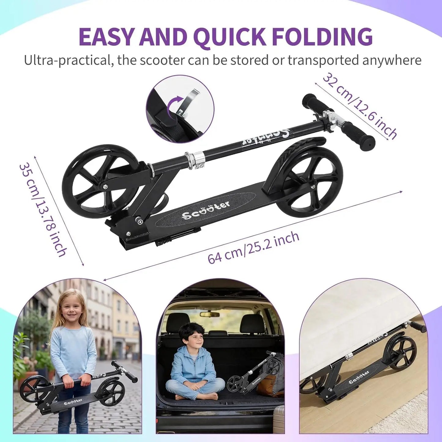 Urban Ride Foldable Kick Scooter with Large 2 Wheels, Adjustable Handlebar, Non-Slip Deck and Sturdy Aluminum Frame