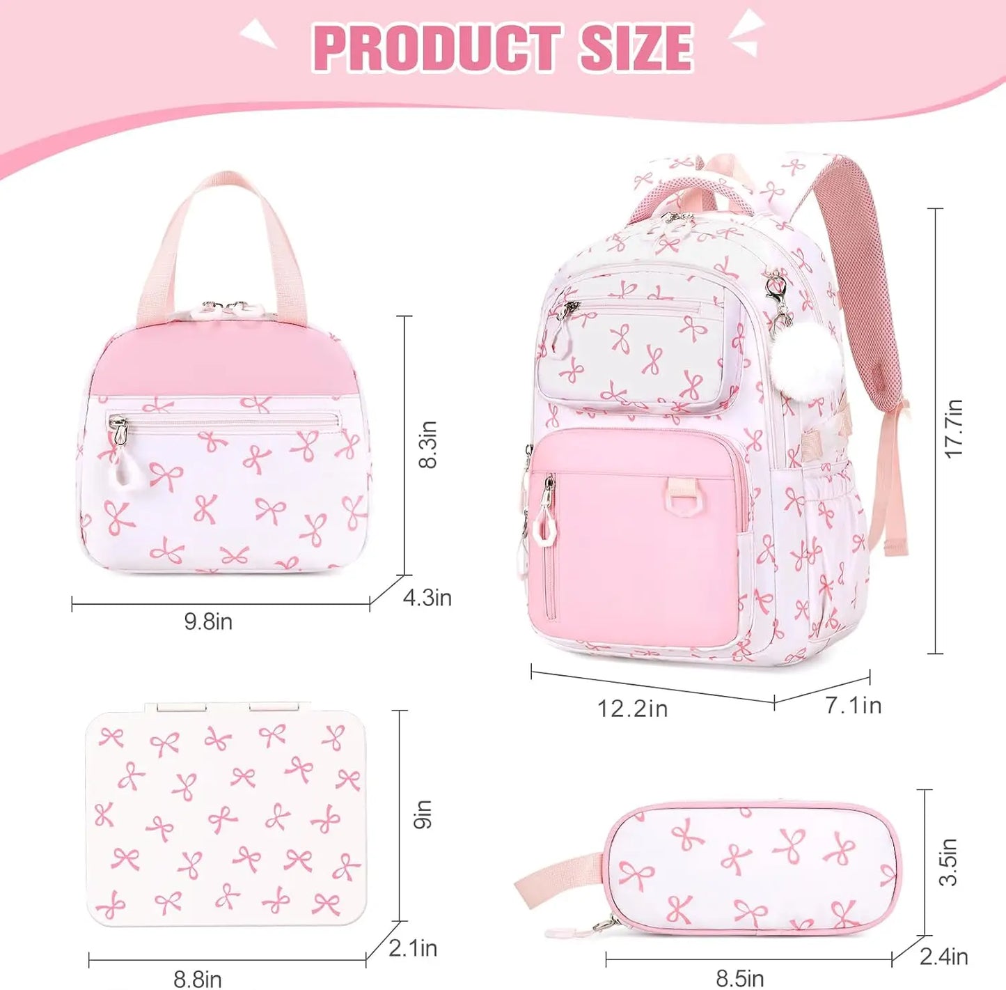 Pink Bow Girls Backpack Set with Lunch Box & Pencil Case