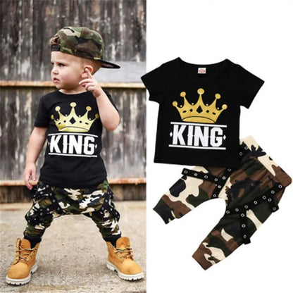 0-5years Baby Boy Camouflage Clothes Set Short Sleeve Crown King T-Shirt + Long Pants Summer Camouflage Outfit For Infant Boys