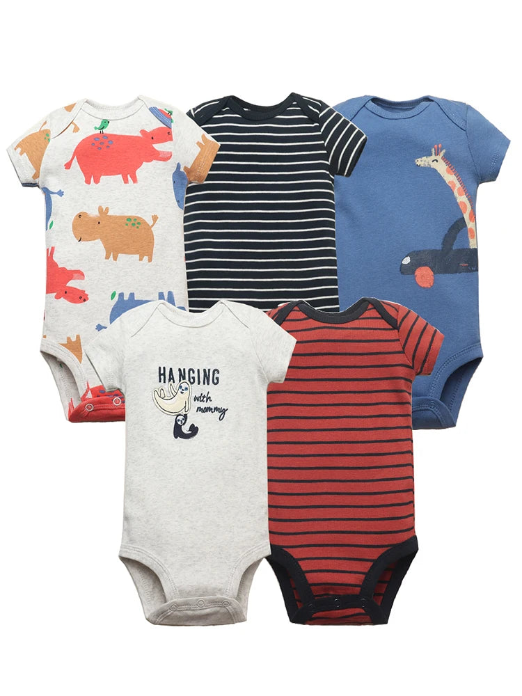 5-Piece Unisex Baby Bodysuit Set, Short Sleeve Cartoon Jumpsuits for Newborn Infants