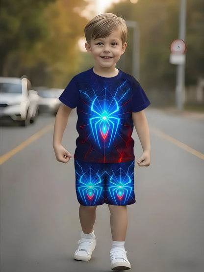 Boys 2Pcs Summer Outfit Spider Print Short Sleeve T-Shirt + Shorts Set Red Blue Casual Sportswear Kids Streetwear Tracksuit