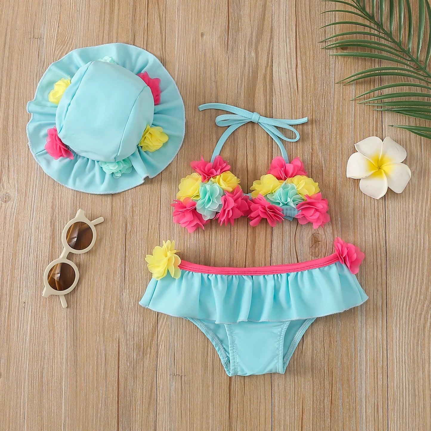 Infant Baby Girls Three-piece Bathing Suit, Flower Halter Neck Swimming Tops, Bottoms and Sun Protection Cap