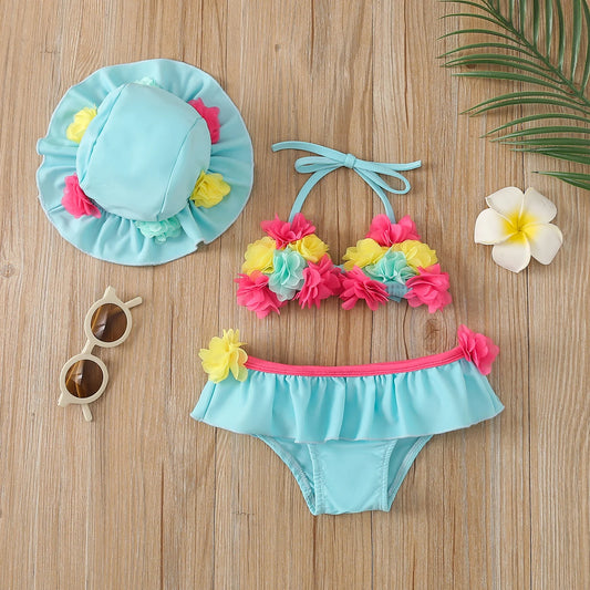 Infant Baby Girls Three-piece Bathing Suit, Flower Halter Neck Swimming Tops, Bottoms and Sun Protection Cap