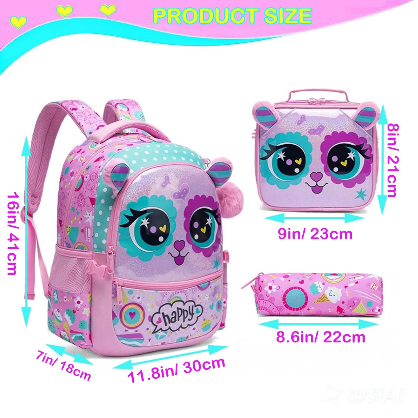 3PCS School Backpack for Kids Cute Animal Print Backpack with Lunch Bag Large Capacity Lightweight Bookbag for Students Perfect Gift