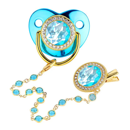 Luxury Zircon Baby Pacifier with Crystal Bead Chain Clip, Cover and Silicone Soother for Newborns