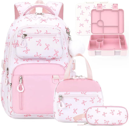 Pink Bow Girls Backpack Set with Lunch Box & Pencil Case