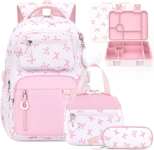 Pink Bow Girls Backpack Set with Lunch Box & Pencil Case