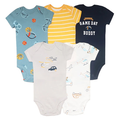 5-Piece Unisex Baby Bodysuit Set, Short Sleeve Cartoon Jumpsuits for Newborn Infants