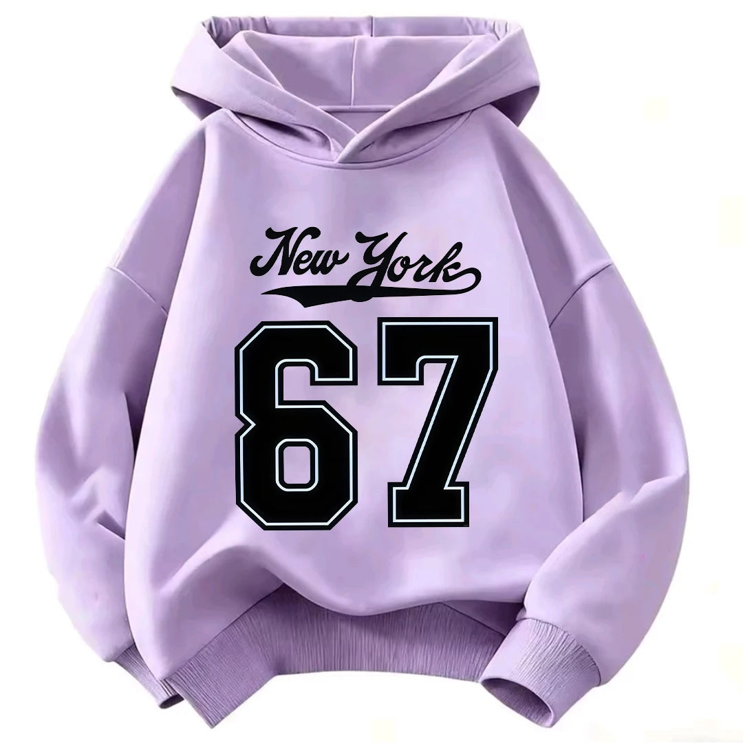 Children Hooded Sweatshirt New York Cursive & 67 Outline Number Print Loose Fit Kids Hoodie for 2-12 Years Boys Girls Tops