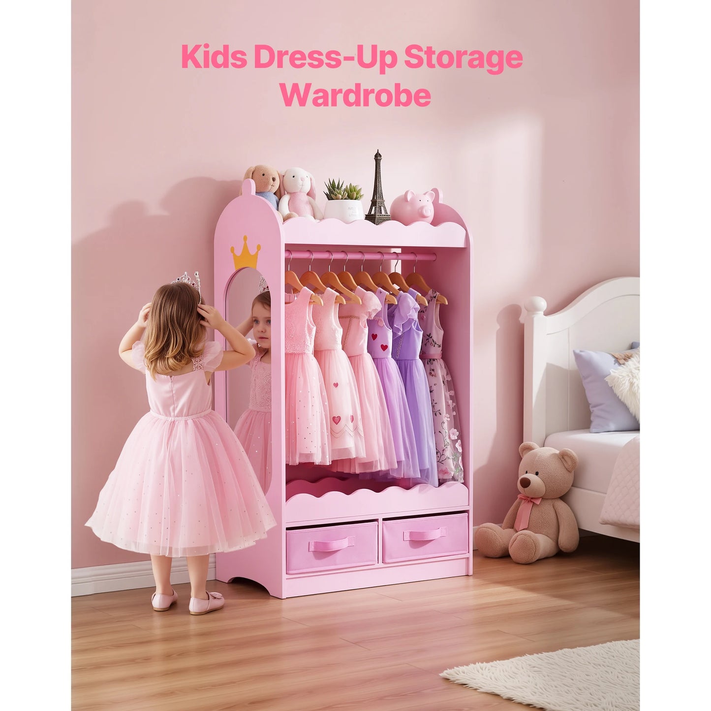 SucceBuy Kids Dress Up Storage with Mirror & Drawer Toddler Costume Wardrobe Closet Pretend Storage Dresser for Girls Room Pink