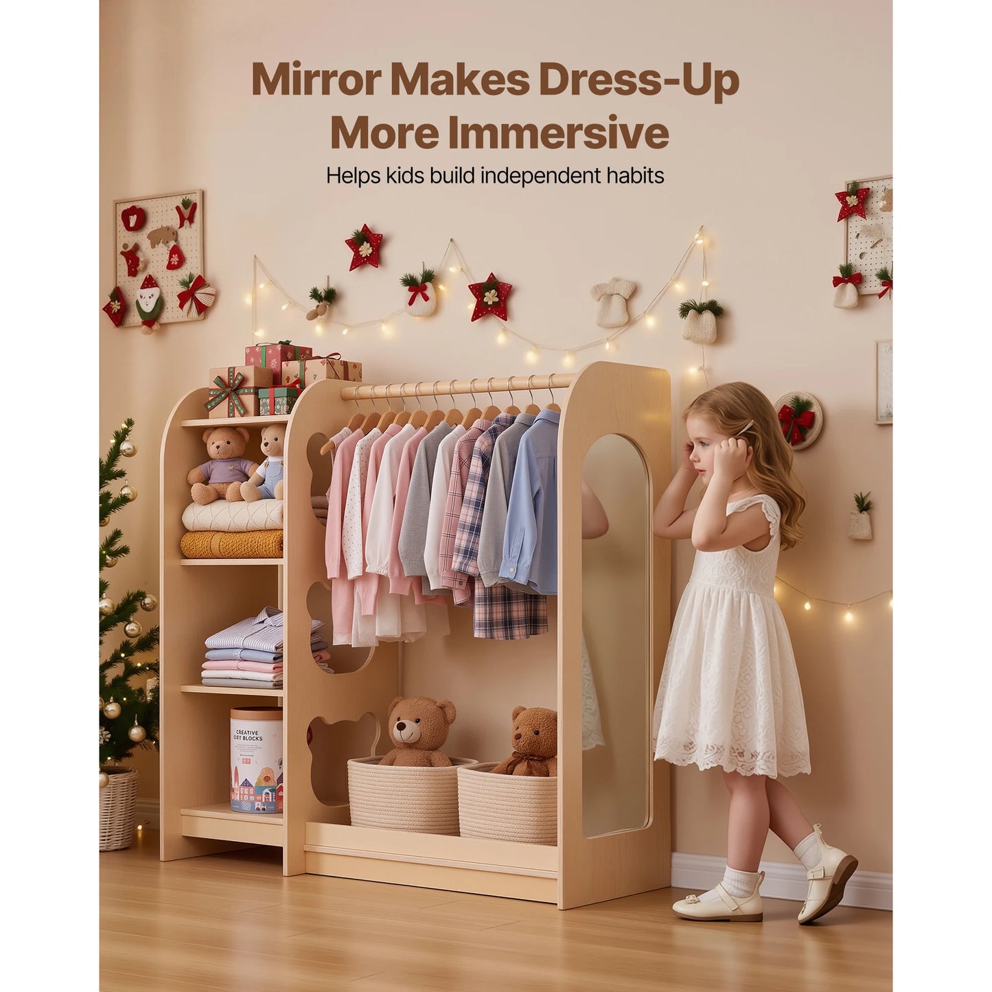 SucceBuy Kids Wooden Dress Up Storage with Mirror Kids Dress Up Rack Toddler Wardrobe Closet Storage Armoire for Girls Bedroom