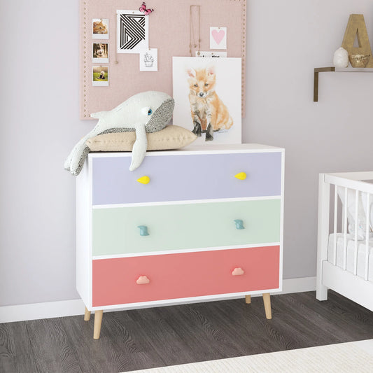 Children's 3-Drawer Storage Cabinet, Colorful Bedroom & Nursery Organizer with Large Storage Capacity