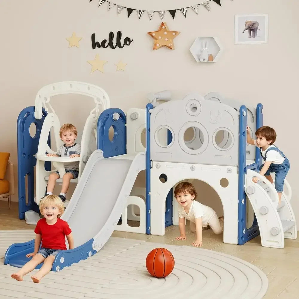 Children's Slide, Swing, and Basketball Hoop Playset for Ages 1-3 - Indoor/Outdoor Blue and White