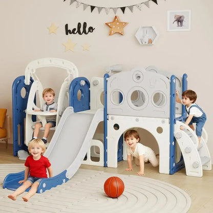 Children's Slide, Swing, and Basketball Hoop Playset for Ages 1-3 - Indoor/Outdoor Blue and White