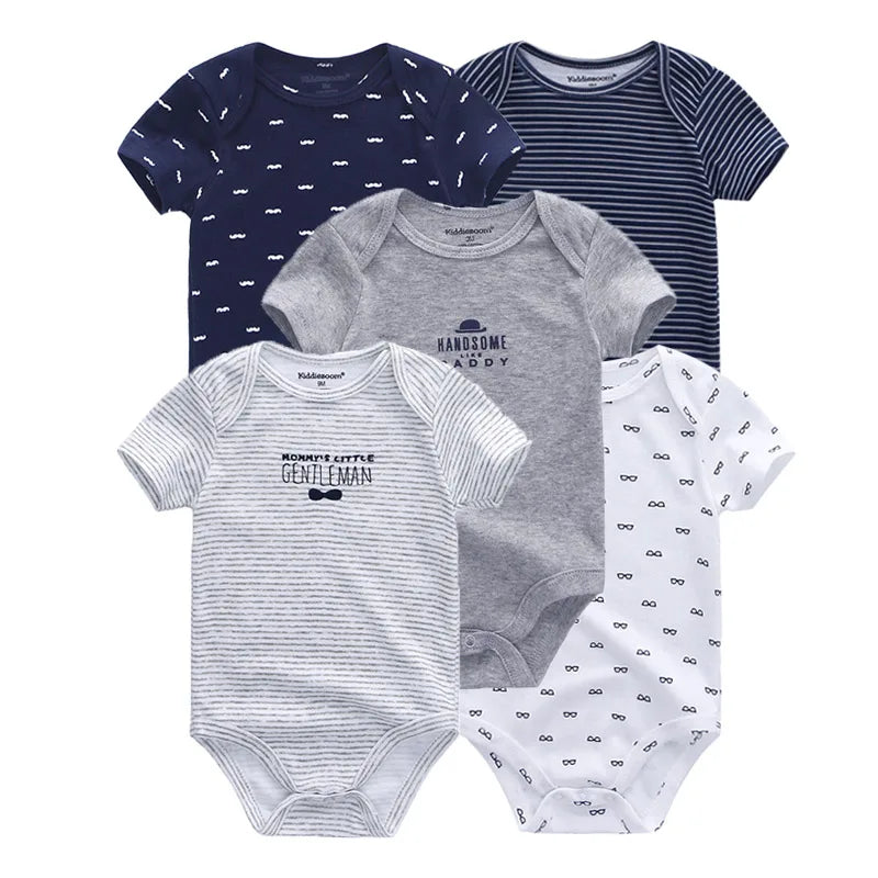 Kiddiezoom Summer 5 Piece Fashion Cartoon Boys and Girls Bodysuits 100% Cotton Soft Newborn Bodysuit Set