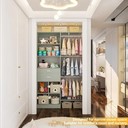 5FT Small Closet System, Baby Closet Organizer System with Wooden Drawers, 60 Inches Walk in Closet System with 5 Hanging Rods a