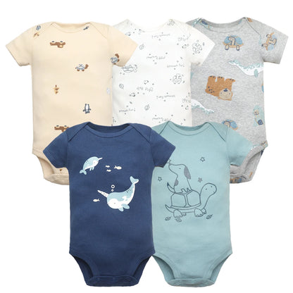 5-Piece Unisex Baby Bodysuit Set, Short Sleeve Cartoon Jumpsuits for Newborn Infants