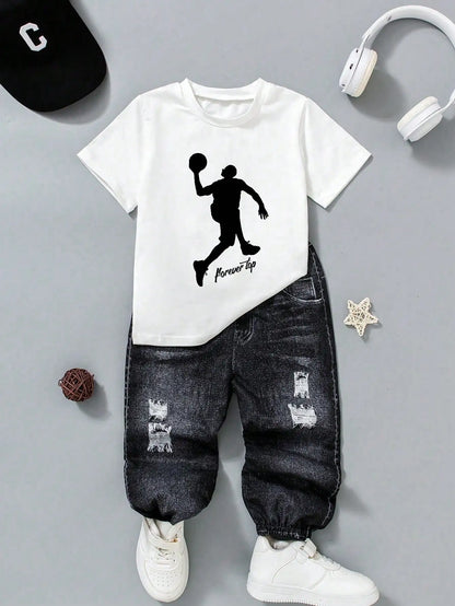 (143) Boys' Casual Street Fashion Printed Knit Pants Set, Suitable for Street Photography and Everyday Wear for Boys Aged 4-7