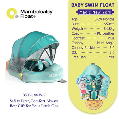 Mambobaby Baby Pool Float with Canopy & Tile Baby Swim Ring Infant Swimming Trainer Circle With Adjustable Strap for Boys Girls