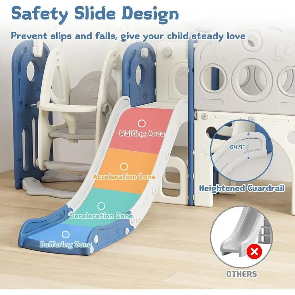 Children's Slide, Swing, and Basketball Hoop Playset for Ages 1-3 - Indoor/Outdoor Blue and White
