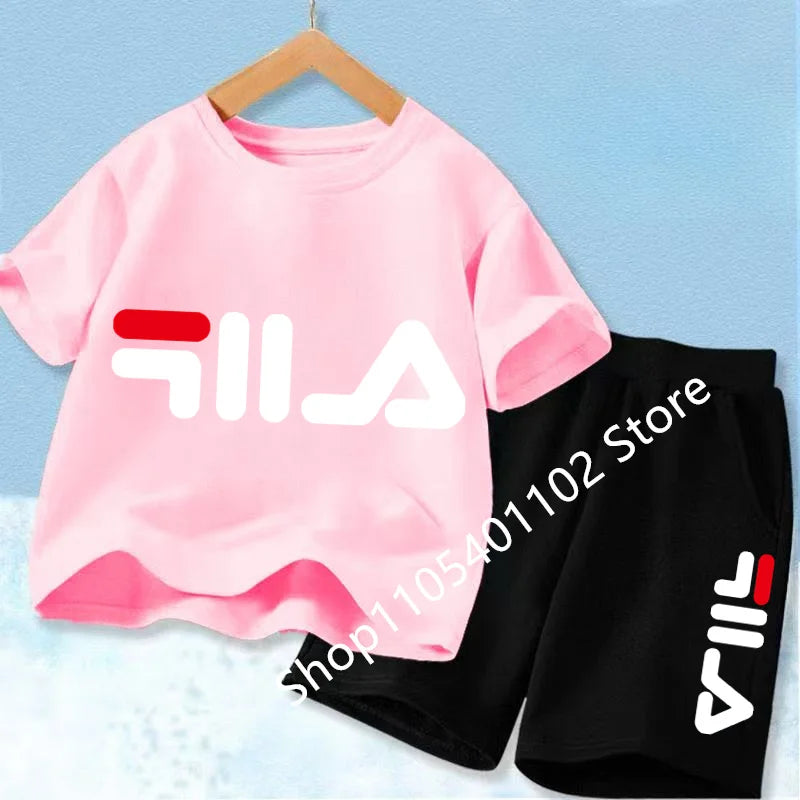 Summer Short Sleeve T Shirt +shorts 2 Piece Set Children Clothes Luxury Print Sport Casual Fashion Boy Girl Kid Tracksuit