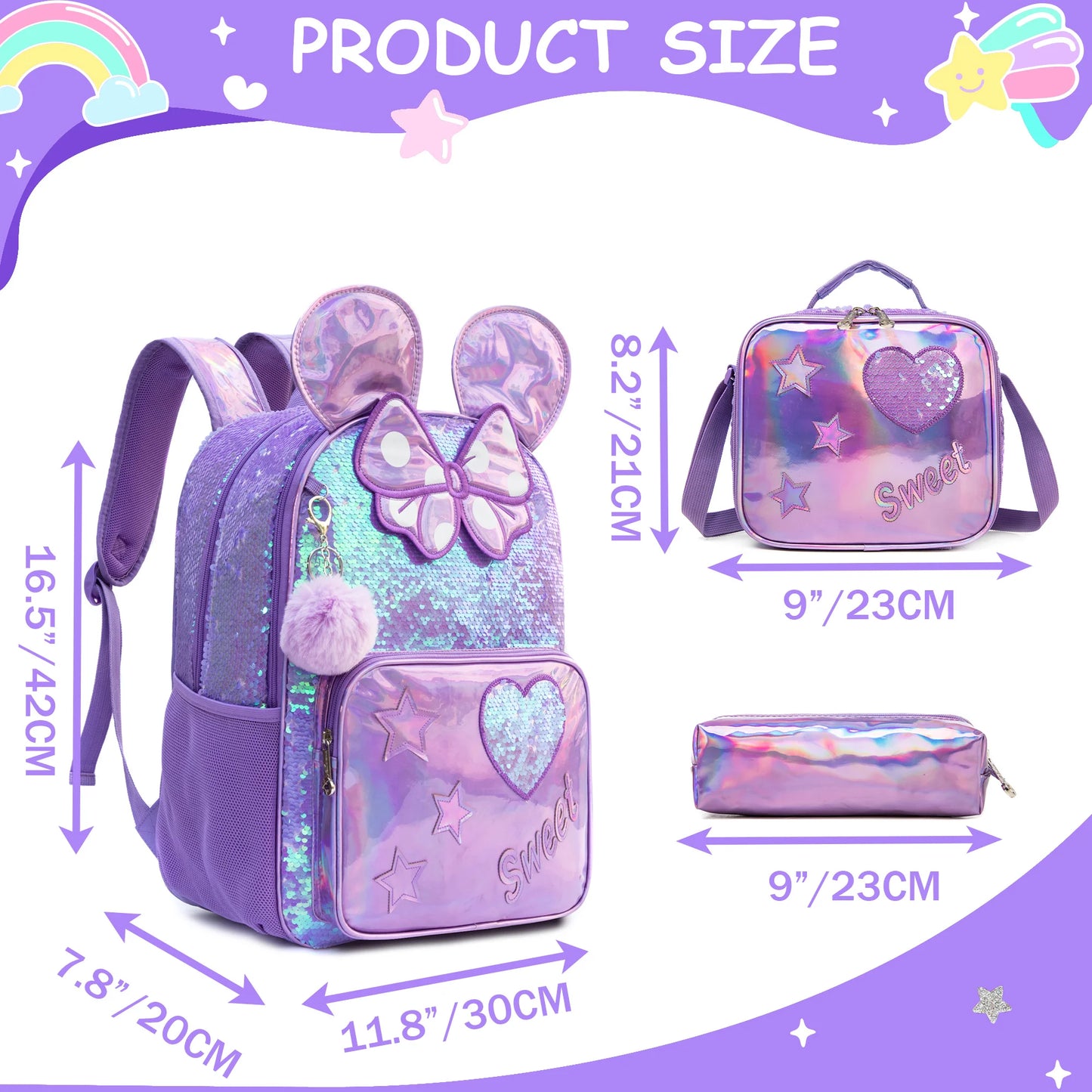Backpack for Girls 16" Backpacks for Girls for School Sequin Backpack with Lunch Box for Elementary Students