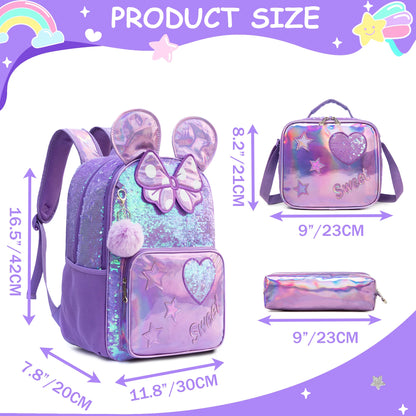 Backpack for Girls 16" Backpacks for Girls for School Sequin Backpack with Lunch Box for Elementary Students