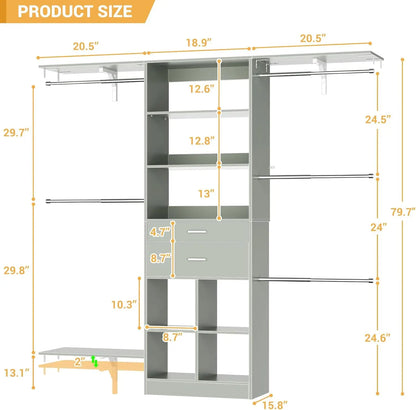 5FT Small Closet System, Baby Closet Organizer System with Wooden Drawers, 60 Inches Walk in Closet System with 5 Hanging Rods a