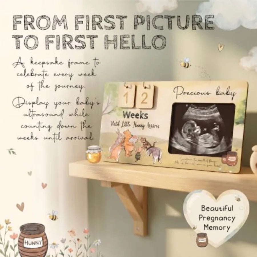 Winnie Baby Announcement Sign - Ultrasound Picture Frame with Baby Countdown, Expecting Parents to be Pregnancy Keepsake, Winni