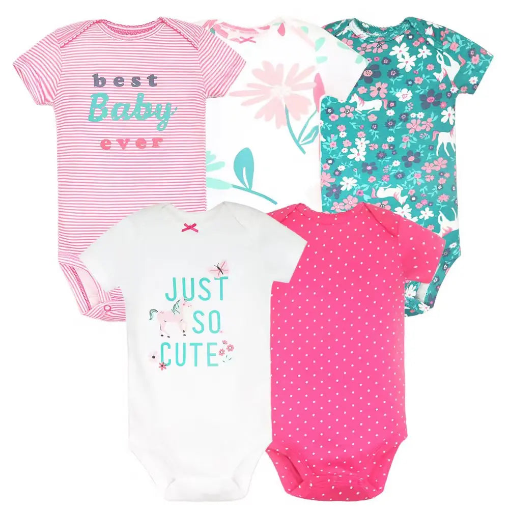 5-Piece Unisex Baby Bodysuit Set, Short Sleeve Cartoon Jumpsuits for Newborn Infants