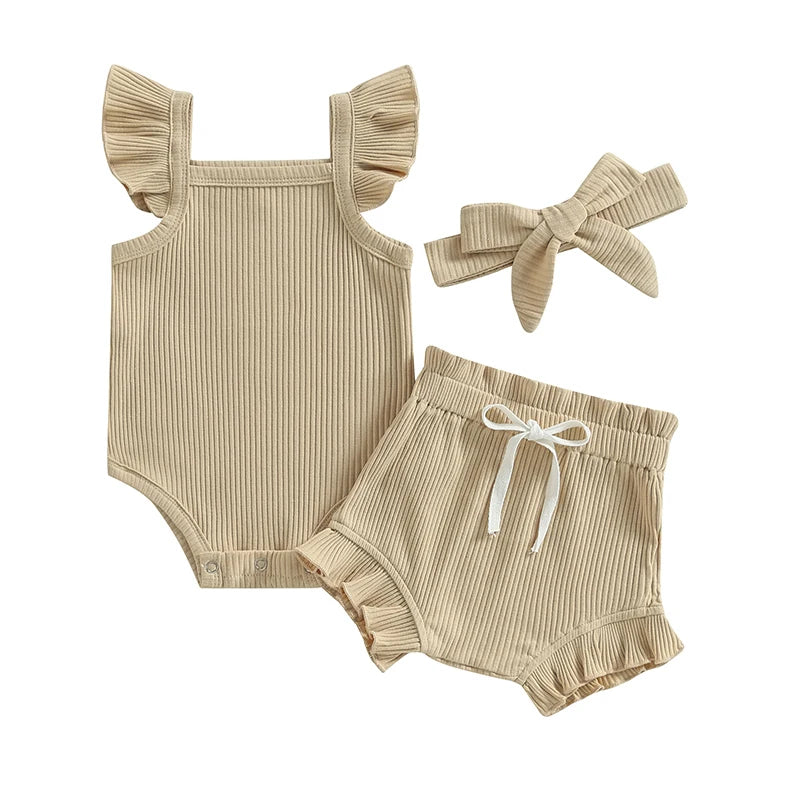 2023-04-12 Lioraitiin 0-18M Toddler Girls 3Pcs Summer Clothes Fly Sleeve Solid Romper Tops Drawstring Short Pants Headband