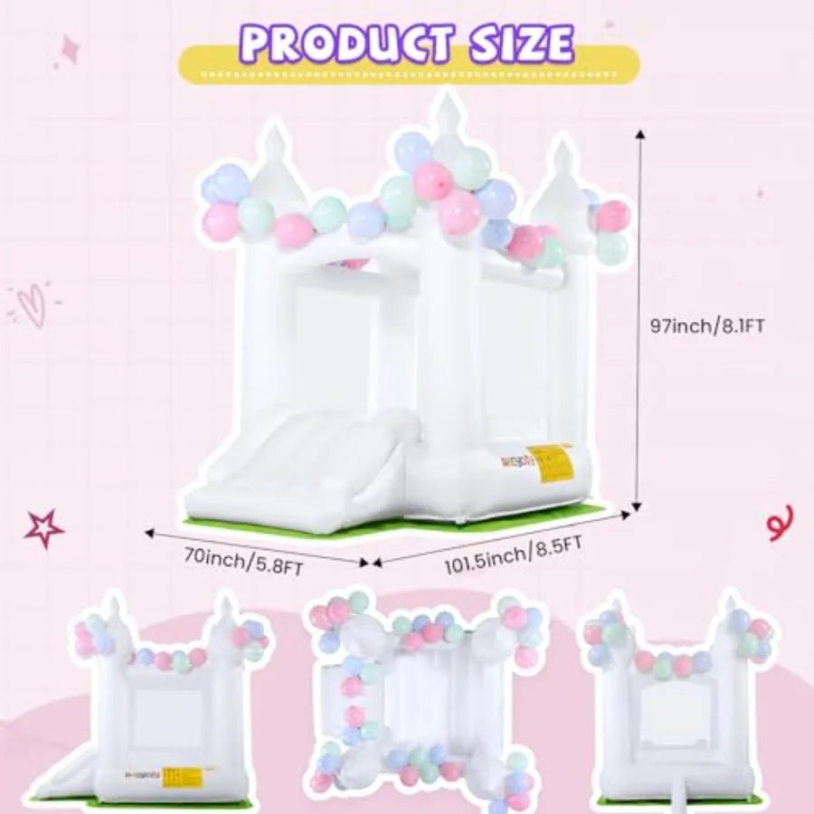 White Inflatable Bounce House with Ground Cover Mat and Air Blower for Toddlers & Kids Ages 3–10