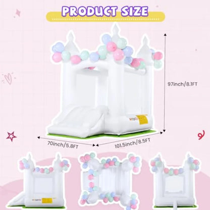 White Inflatable Bounce House with Ground Cover Mat and Air Blower for Toddlers & Kids Ages 3–10