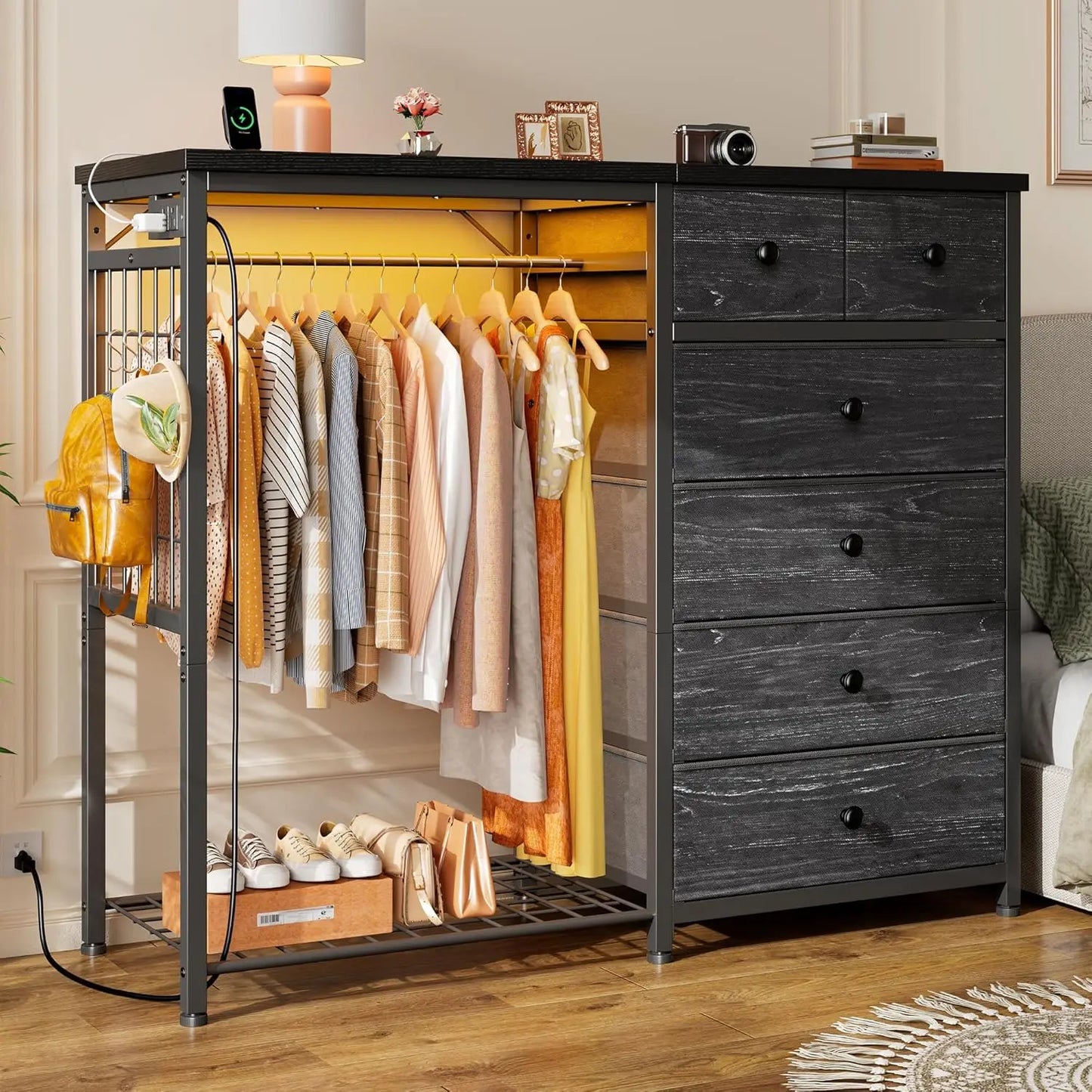 49.2" W White Dresser for Bedroom with Hanging Rack, 6 Drawers Dresser with LED Lights & Charging Station, Fabric, Customized