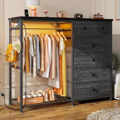 49.2" W White Dresser for Bedroom with Hanging Rack, 6 Drawers Dresser with LED Lights & Charging Station, Fabric, Customized